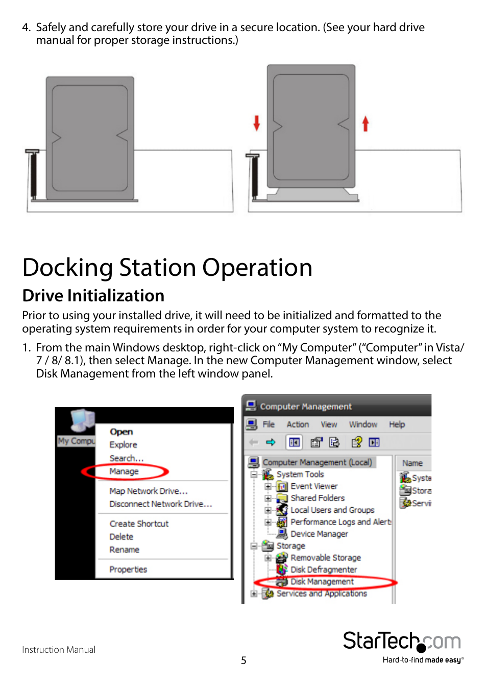 Docking station operation, Drive initialization | StarTech.com SDOCK4U33 User Manual | Page 8 / 13
