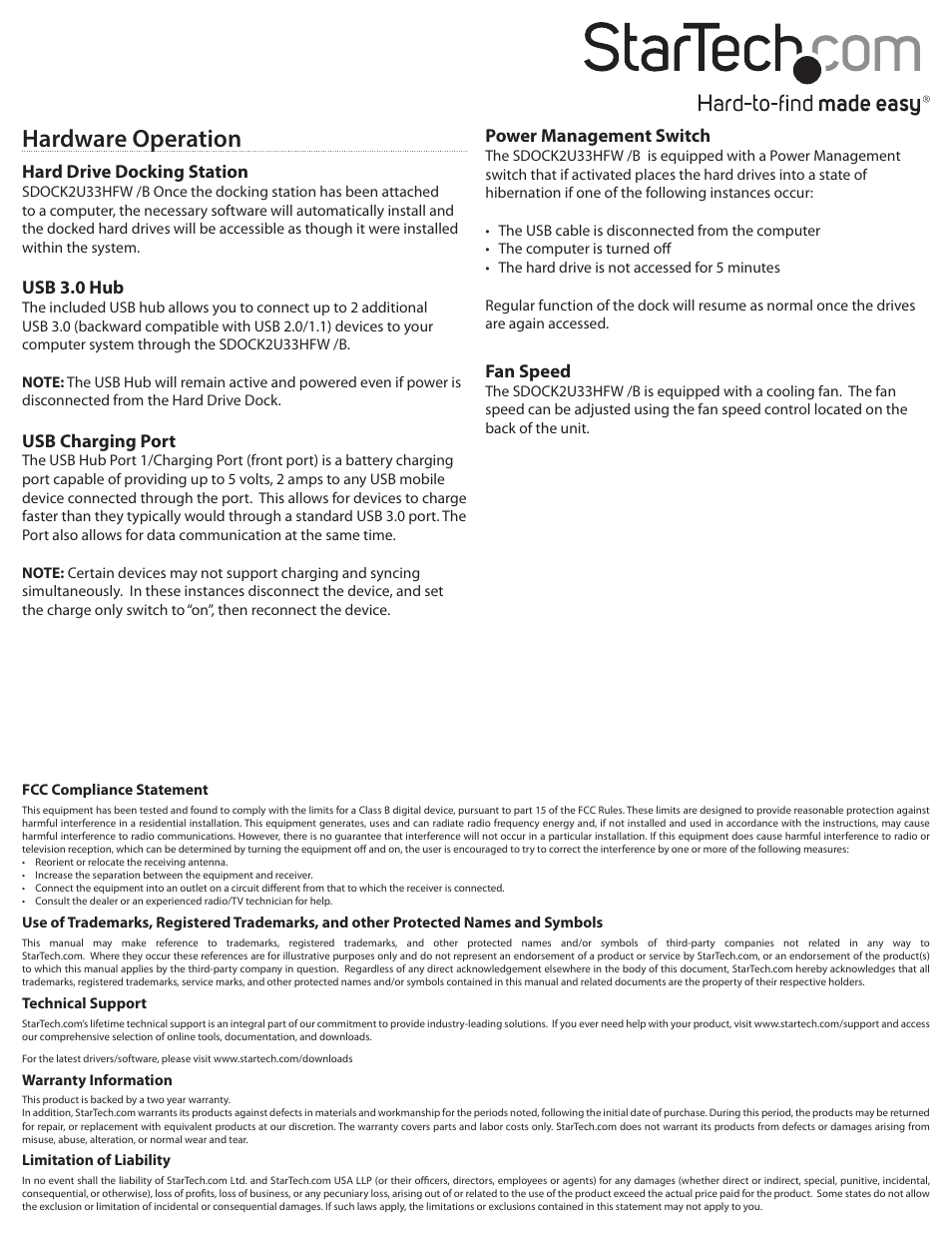 Hardware operation, Power management switch, Fan speed | Hard drive docking station, Usb 3.0 hub, Usb charging port | StarTech.com SDOCK2U33HFB User Manual | Page 2 / 2