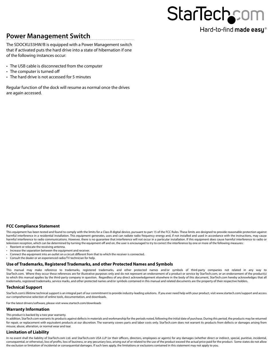 Power management switch | StarTech.com SDOCKU33HB User Manual | Page 2 / 2