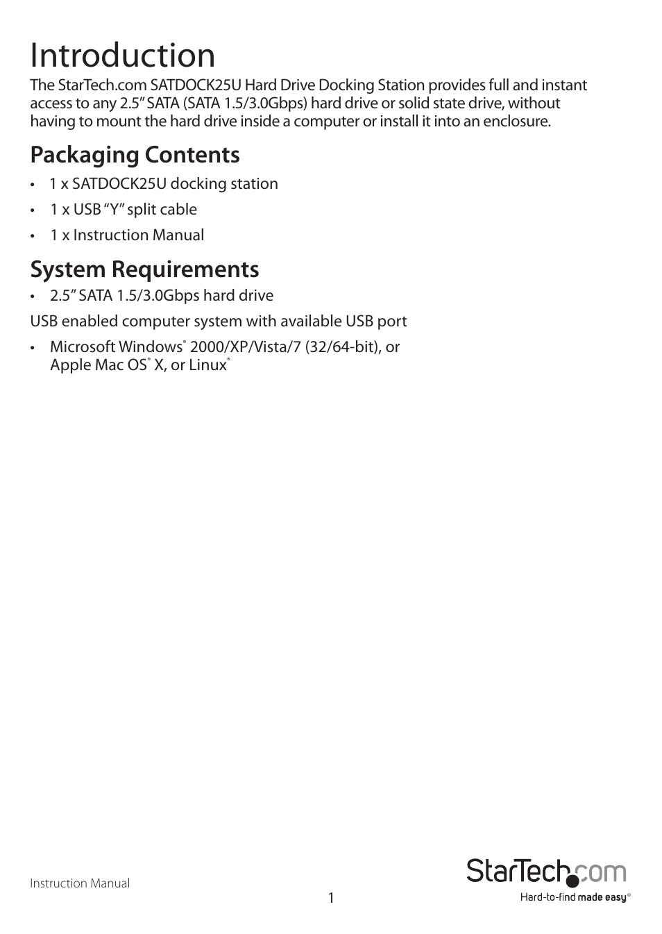 Introduction, Packaging contents, System requirements | StarTech.com SATDOCK25U User Manual | Page 4 / 11