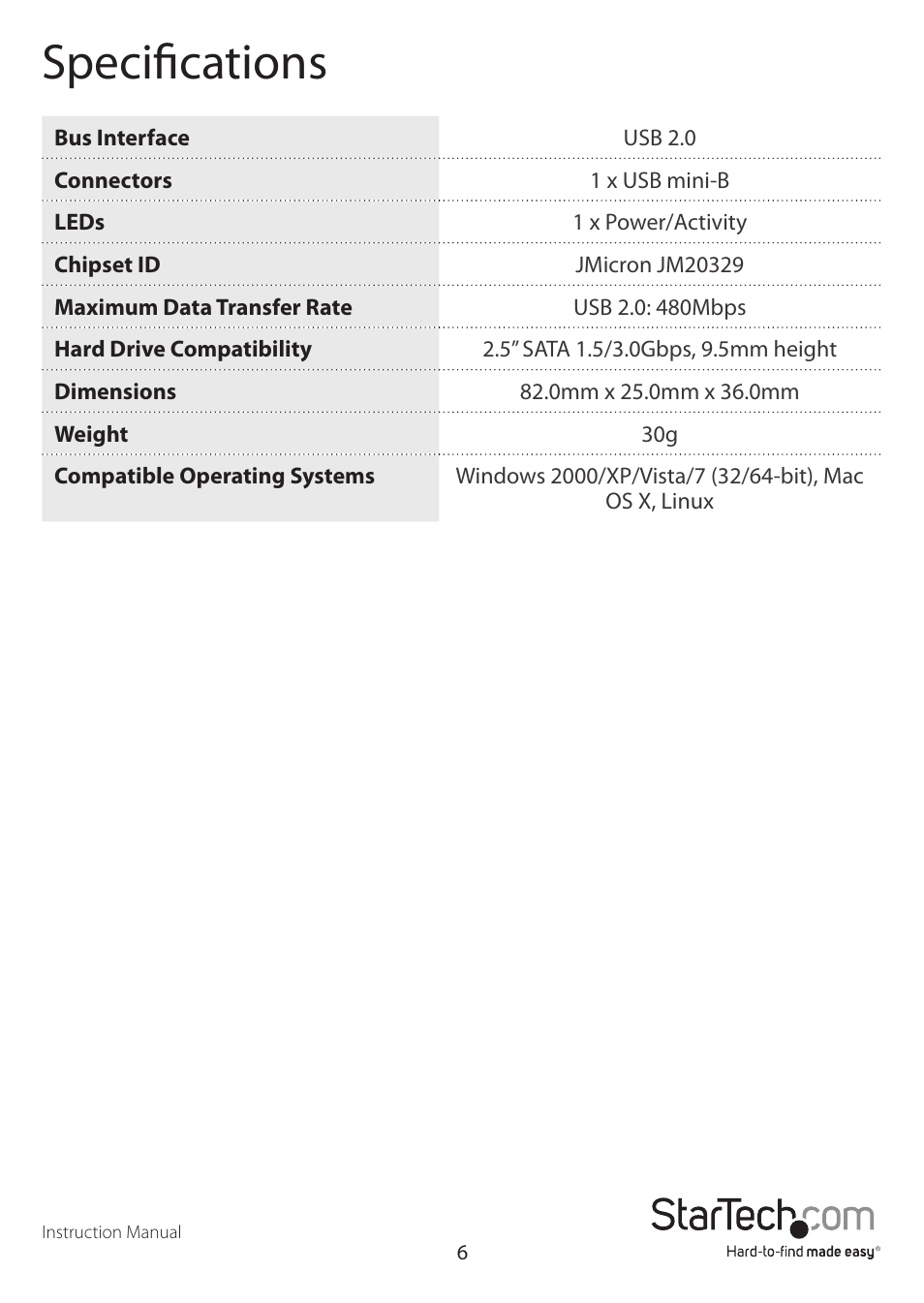 Specifications | StarTech.com SATDOCK25U User Manual | Page 9 / 11