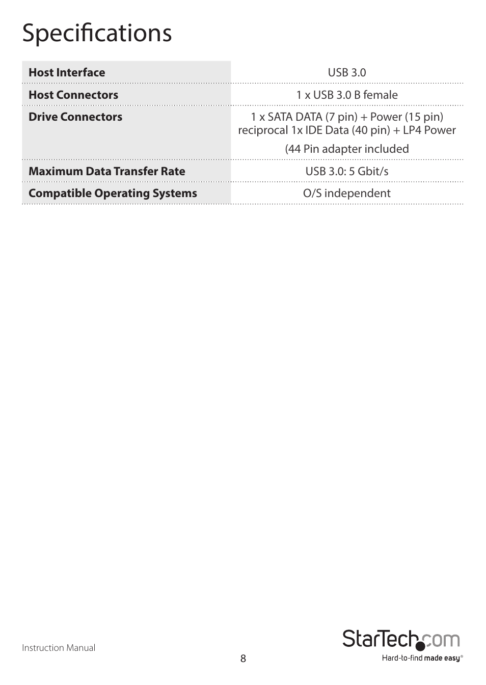 Specifications | StarTech.com UNIDOCKU33 User Manual | Page 11 / 13