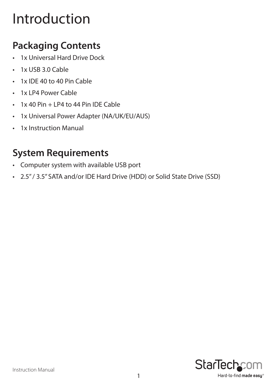 Introduction, Packaging contents, System requirements | StarTech.com UNIDOCKU33 User Manual | Page 4 / 13