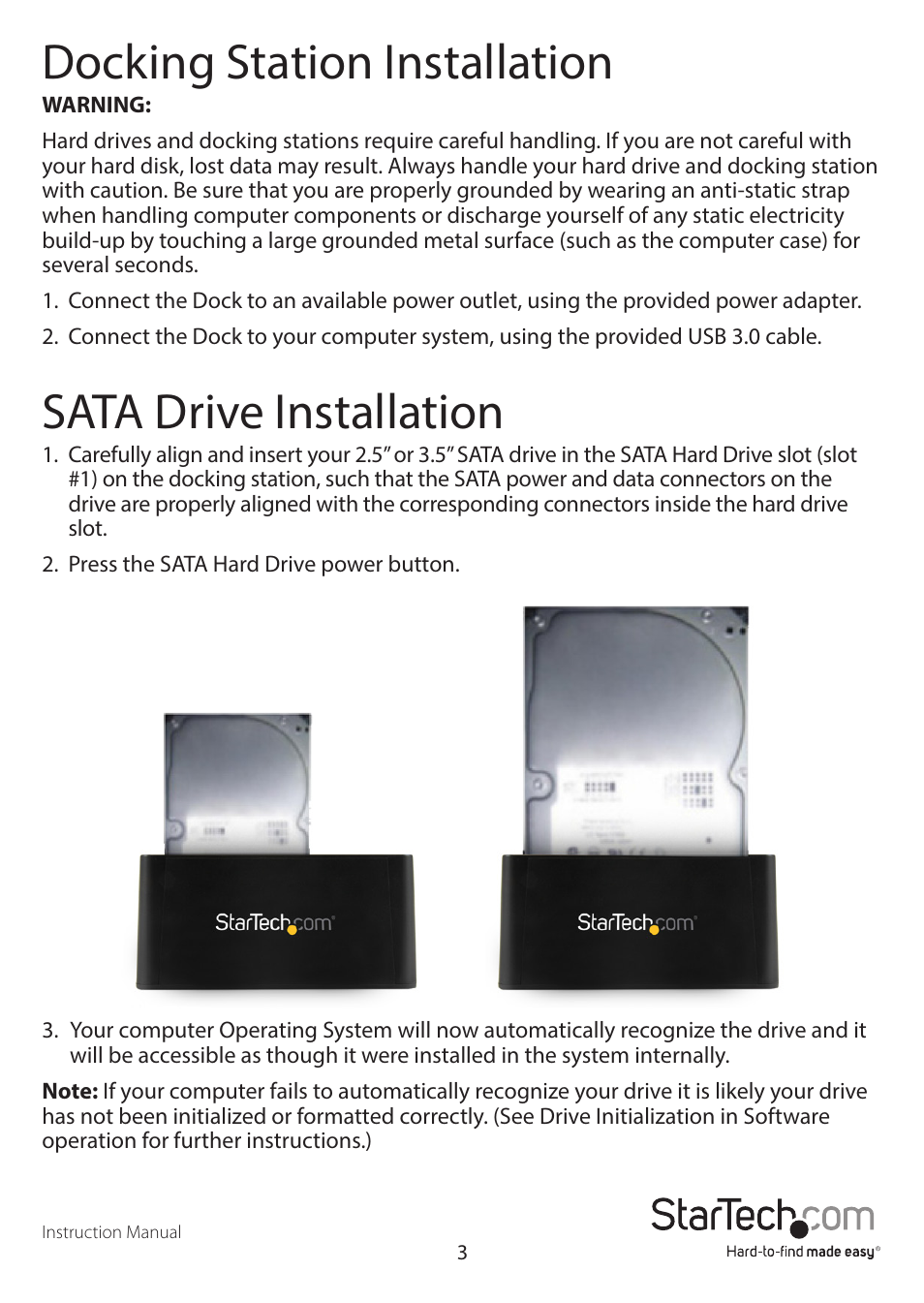 Docking station installation, Sata drive installation | StarTech.com UNIDOCKU33 User Manual | Page 6 / 13