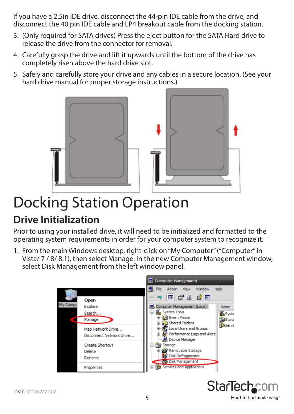 Docking station operation, Drive initialization | StarTech.com UNIDOCKU33 User Manual | Page 8 / 13