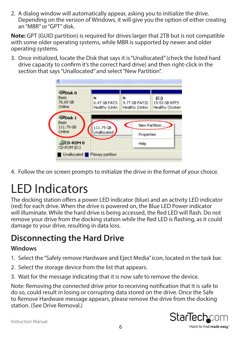 Led indicators, Disconnecting the hard drive | StarTech.com UNIDOCKU33 User Manual | Page 9 / 13