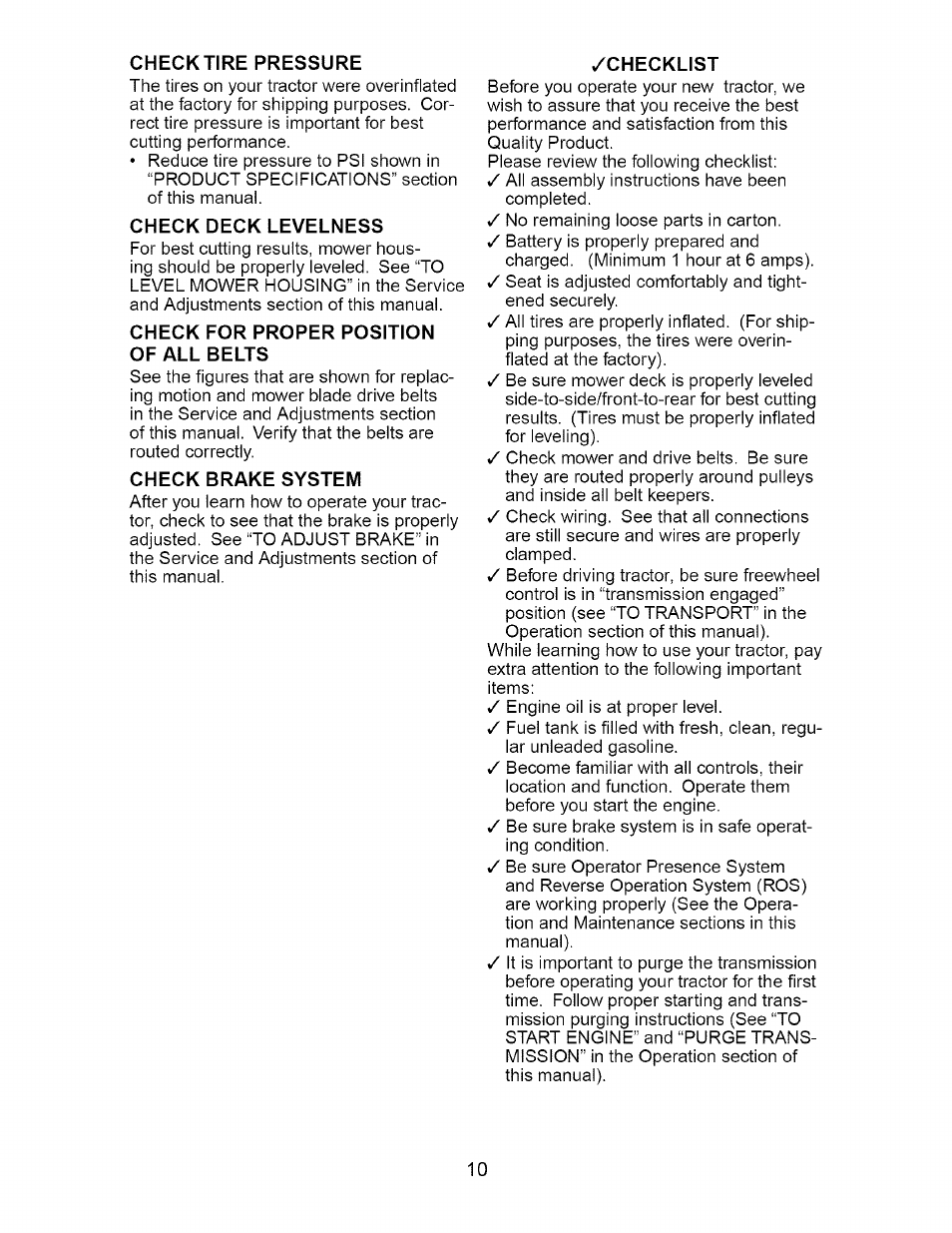 Check tire pressure, Check deck levelness, Check for proper position of all belts | Check brake system, Checklist | Craftsman 917.275380 User Manual | Page 10 / 60