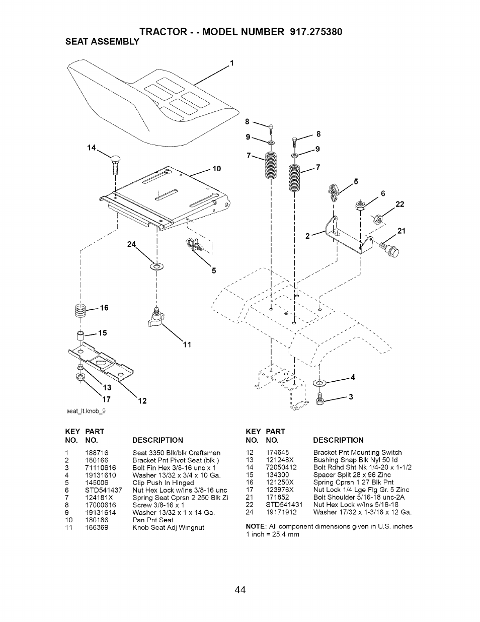 Seat assembly | Craftsman 917.275380 User Manual | Page 44 / 60