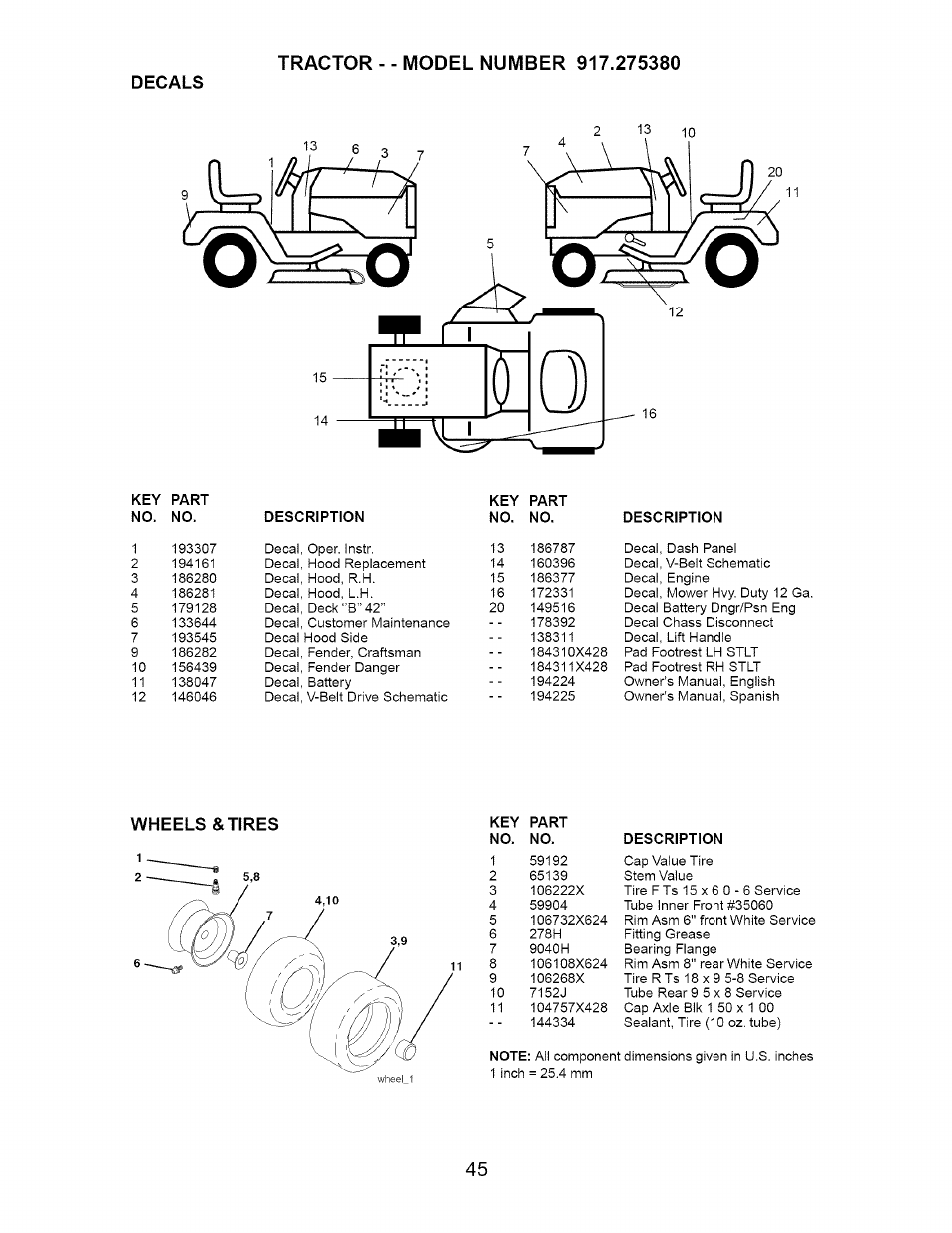 Decals, Wheels &tires | Craftsman 917.275380 User Manual | Page 45 / 60