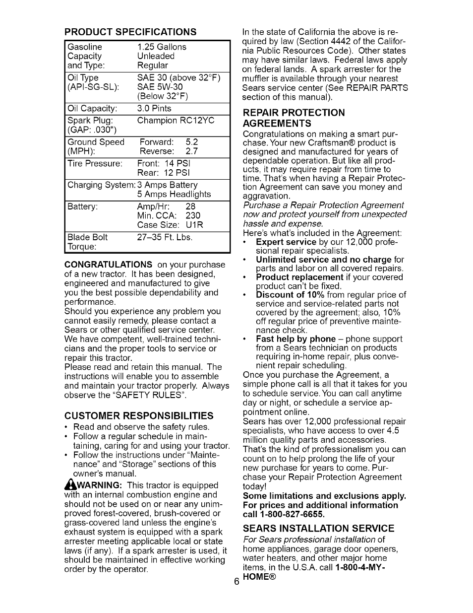 Customer responsibilities, Repair protection agreements, Sears installation service | Craftsman 917.275380 User Manual | Page 6 / 60