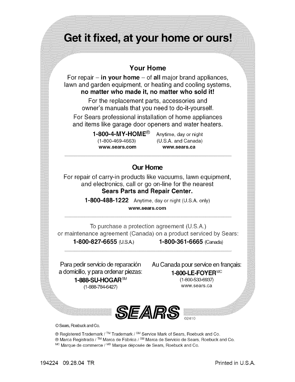 Get it fixed, at your home or ours, Your home, Our home | Craftsman 917.275380 User Manual | Page 60 / 60