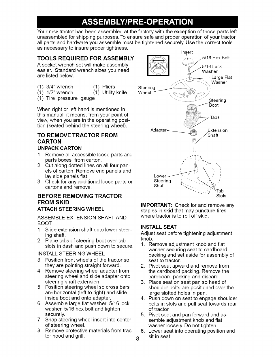 Assembly/pre-operation, Tools required for assembly, To remove tractor from | Carton, Before removing tractor from skid | Craftsman 917.275380 User Manual | Page 8 / 60