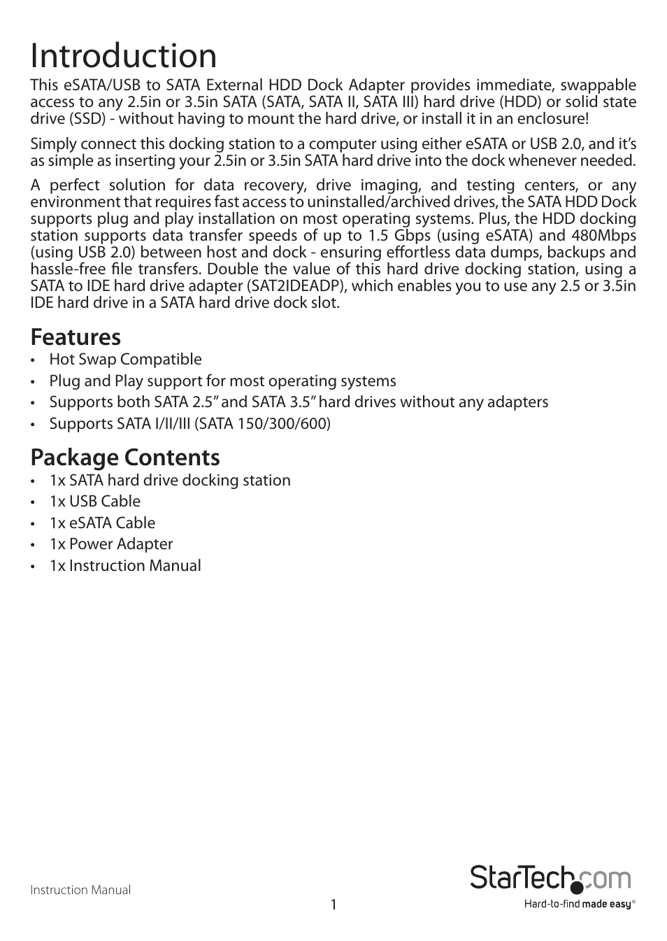 Introduction, Features, Package contents | StarTech.com SATDOCKU2EEU User Manual | Page 4 / 11