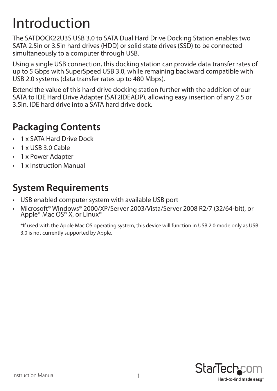 Introduction, Packaging contents, System requirements | StarTech.com SATDOCK2U3EU User Manual | Page 4 / 11