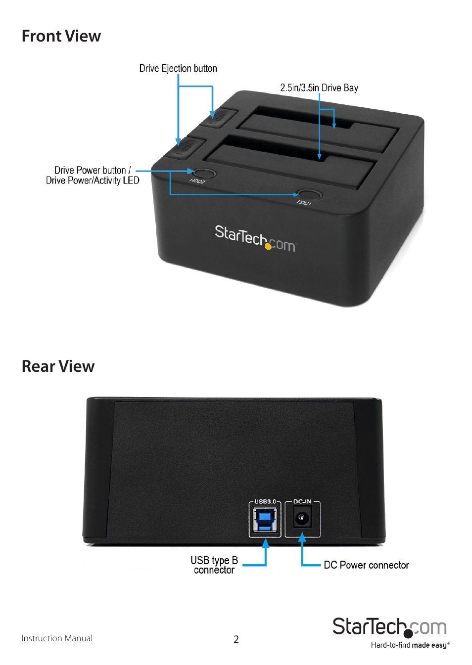 Front view rear view | StarTech.com SATDOCK2U3EU User Manual | Page 5 / 11