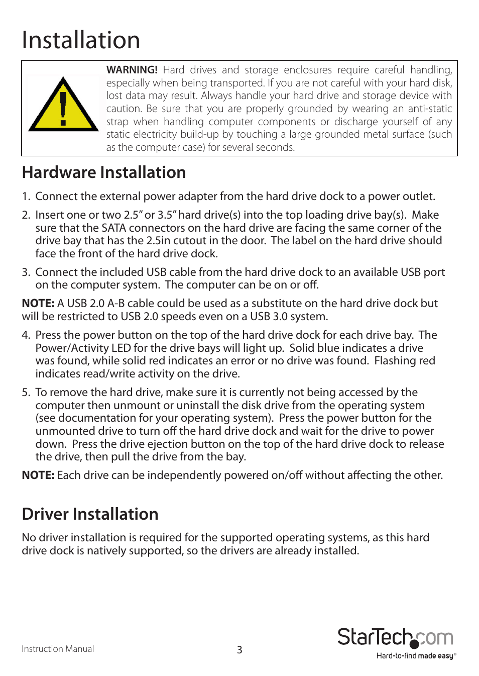 Installation, Hardware installation, Driver installation | StarTech.com SATDOCK2U3EU User Manual | Page 6 / 11