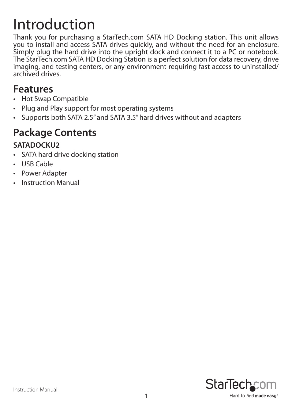 Introduction, Features, Package contents | StarTech.com SATDOCKU2EU User Manual | Page 4 / 12