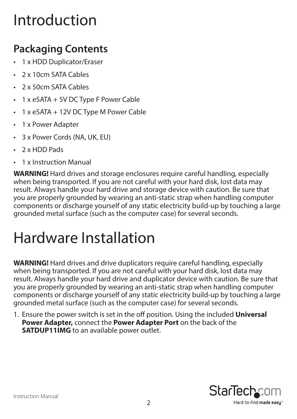 Introduction, Hardware installation, Packaging contents | StarTech.com SATDUP11IMG Manual User Manual | Page 5 / 24