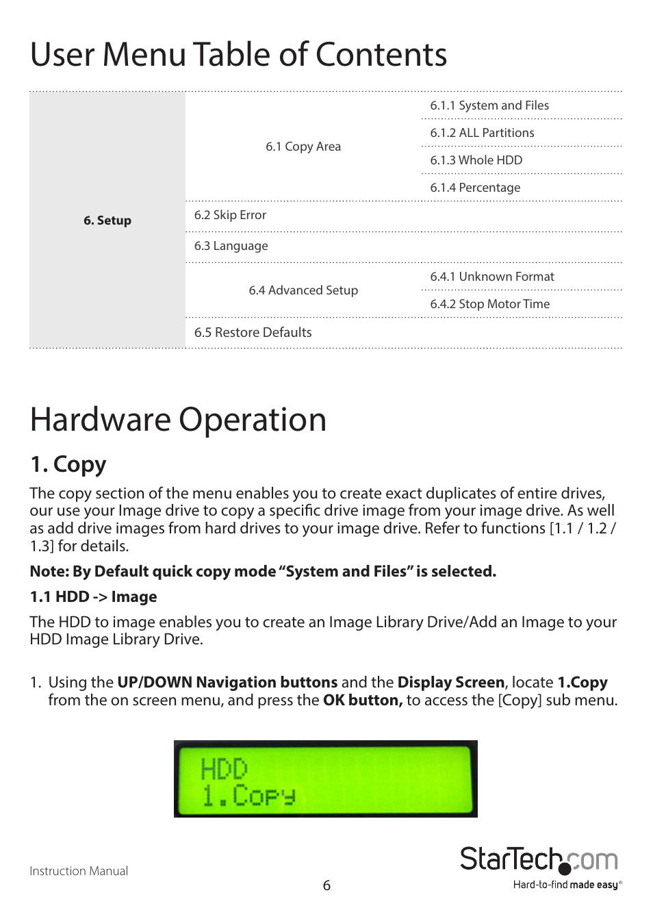 User menu table of contents hardware operation, Copy | StarTech.com SATDUP11IMG Manual User Manual | Page 9 / 24
