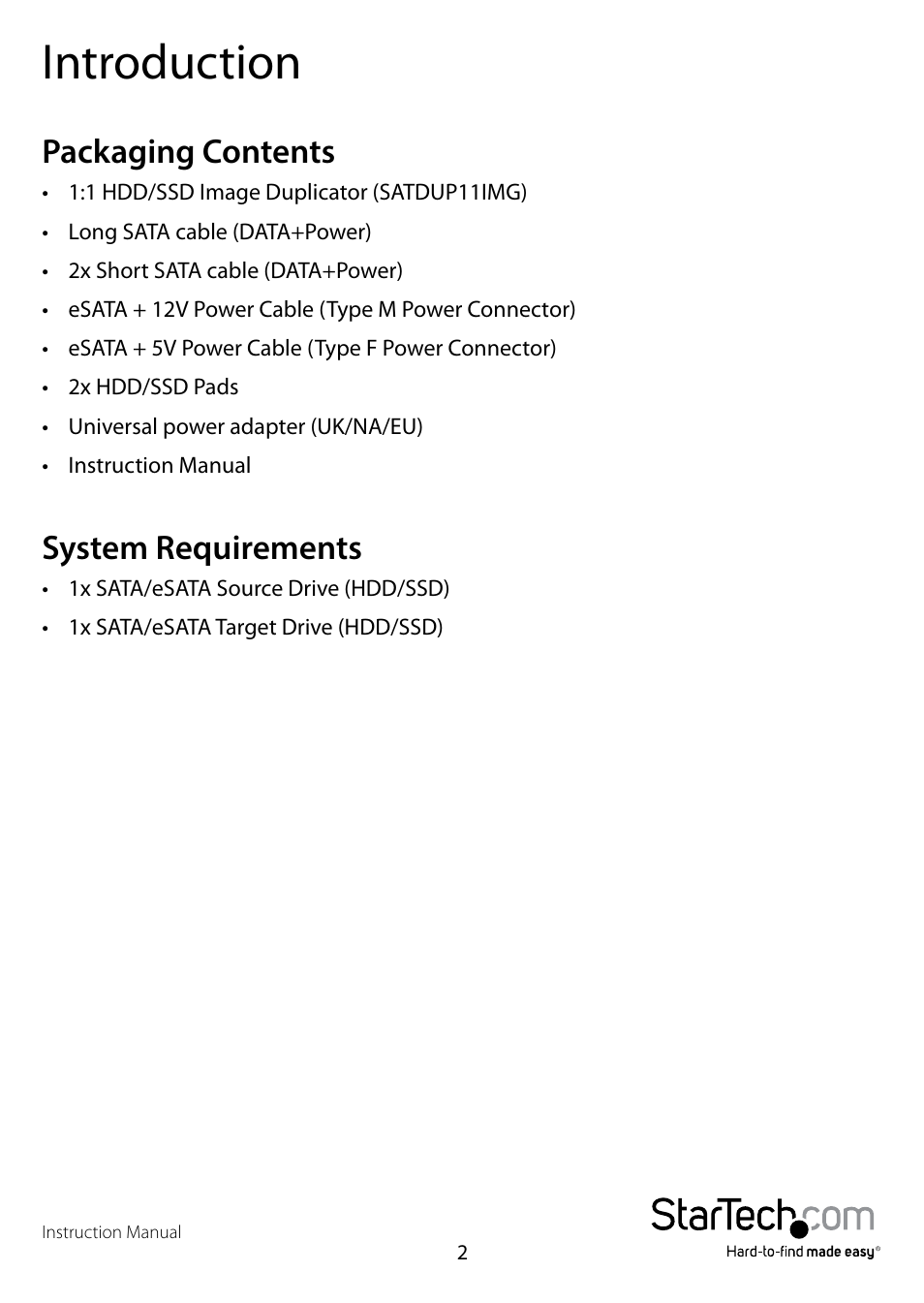 Introduction, Packaging contents, System requirements | StarTech.com SATDUP11IMG Quick Start User Manual | Page 5 / 12