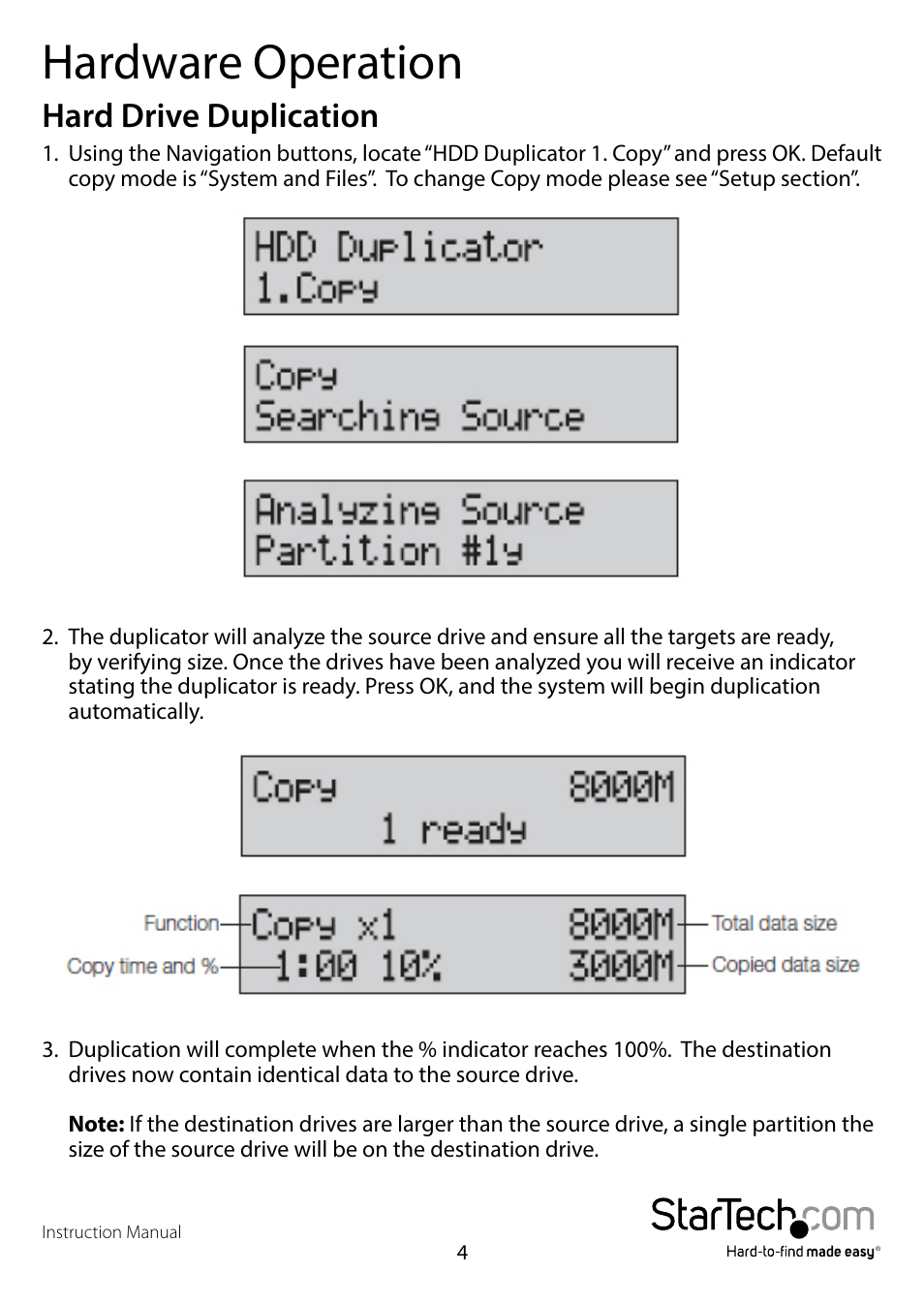 Hardware operation, Hard drive duplication | StarTech.com SATDUP13 Manual User Manual | Page 7 / 14