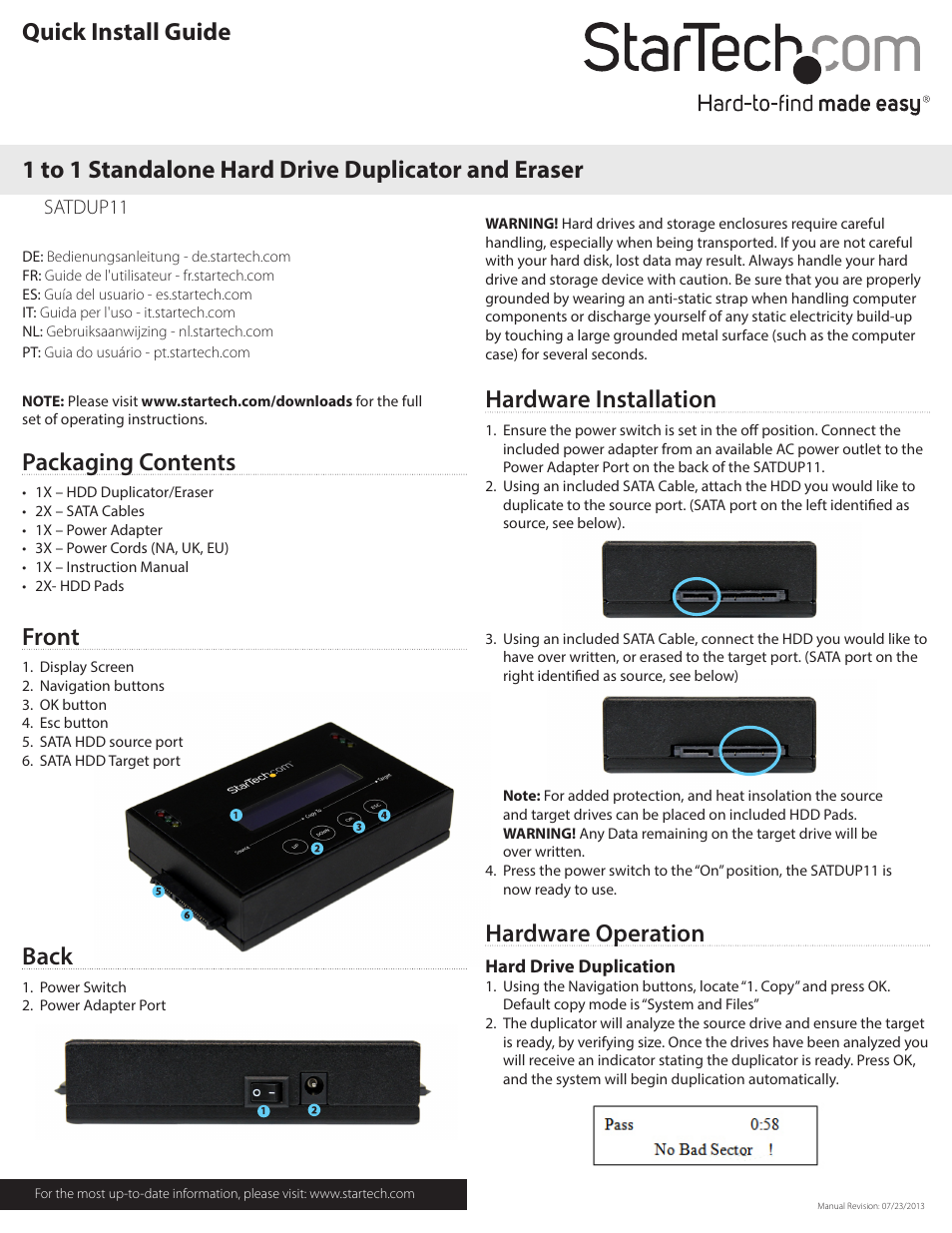 StarTech.com SATDUP11 Quick Start User Manual | 2 pages