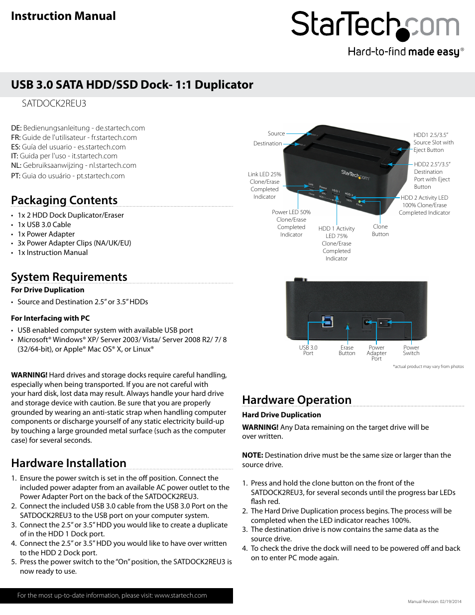 StarTech.com SATDOCK2REU3 User Manual | 2 pages