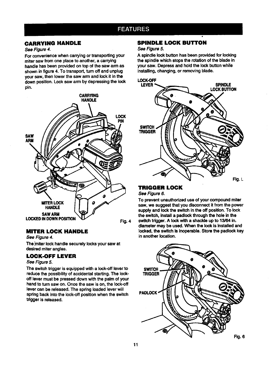 Features carrying handle, Miter lock handle, Lock-off lever | Spindle lock button, Trigger lock | Craftsman 315.212100 User Manual | Page 11 / 38