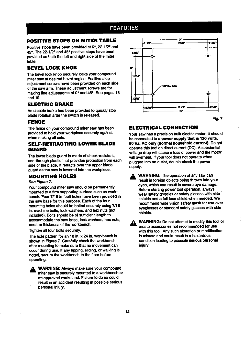 Features positive stops on miter table, Bevel lock knob, Electric brake | Fence, Self-retracting lower blade guard, Mounting holes, Electrical connection | Craftsman 315.212100 User Manual | Page 12 / 38