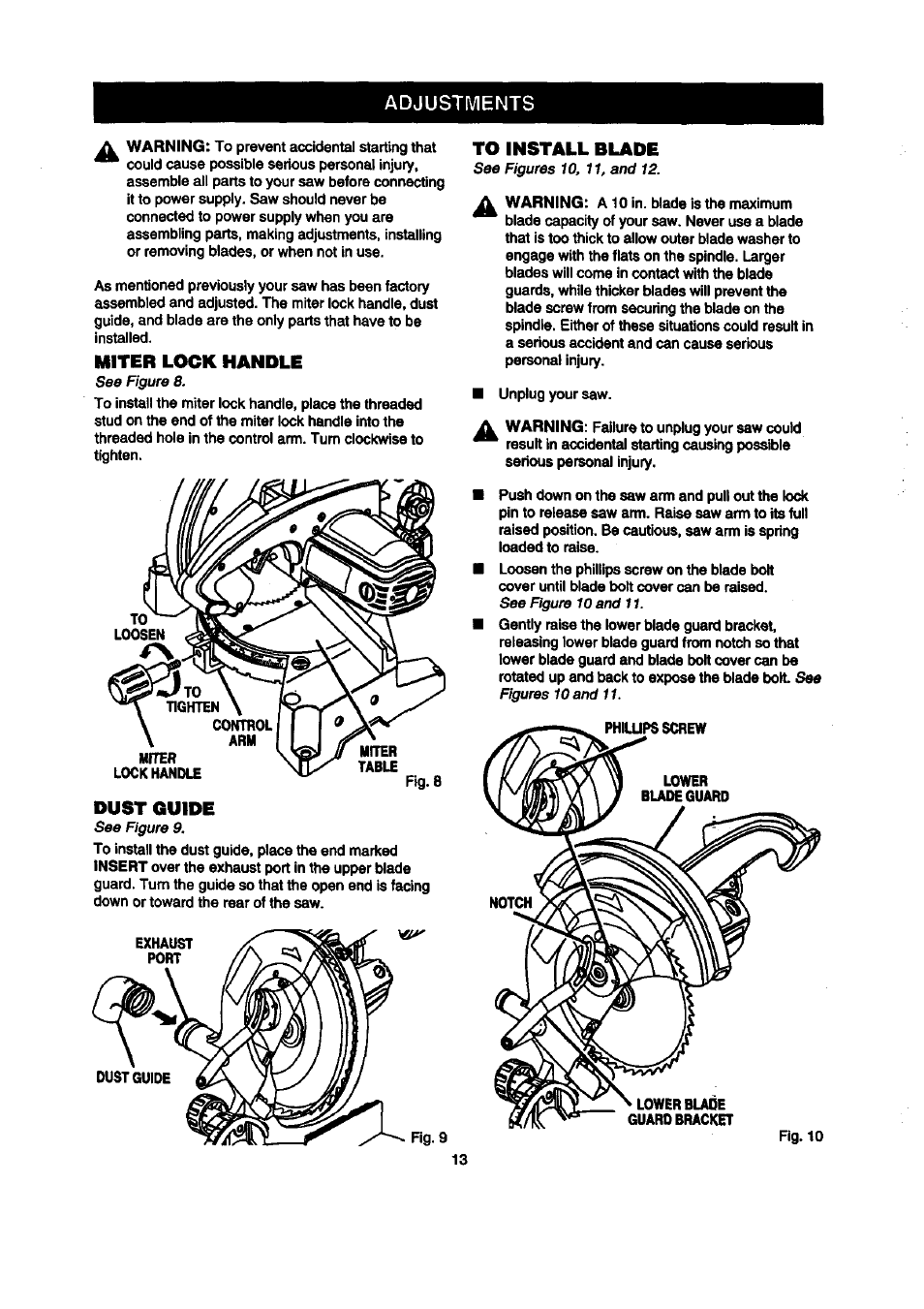 Adjustments, Miter lock handle, Dust guide | Craftsman 315.212100 User Manual | Page 13 / 38