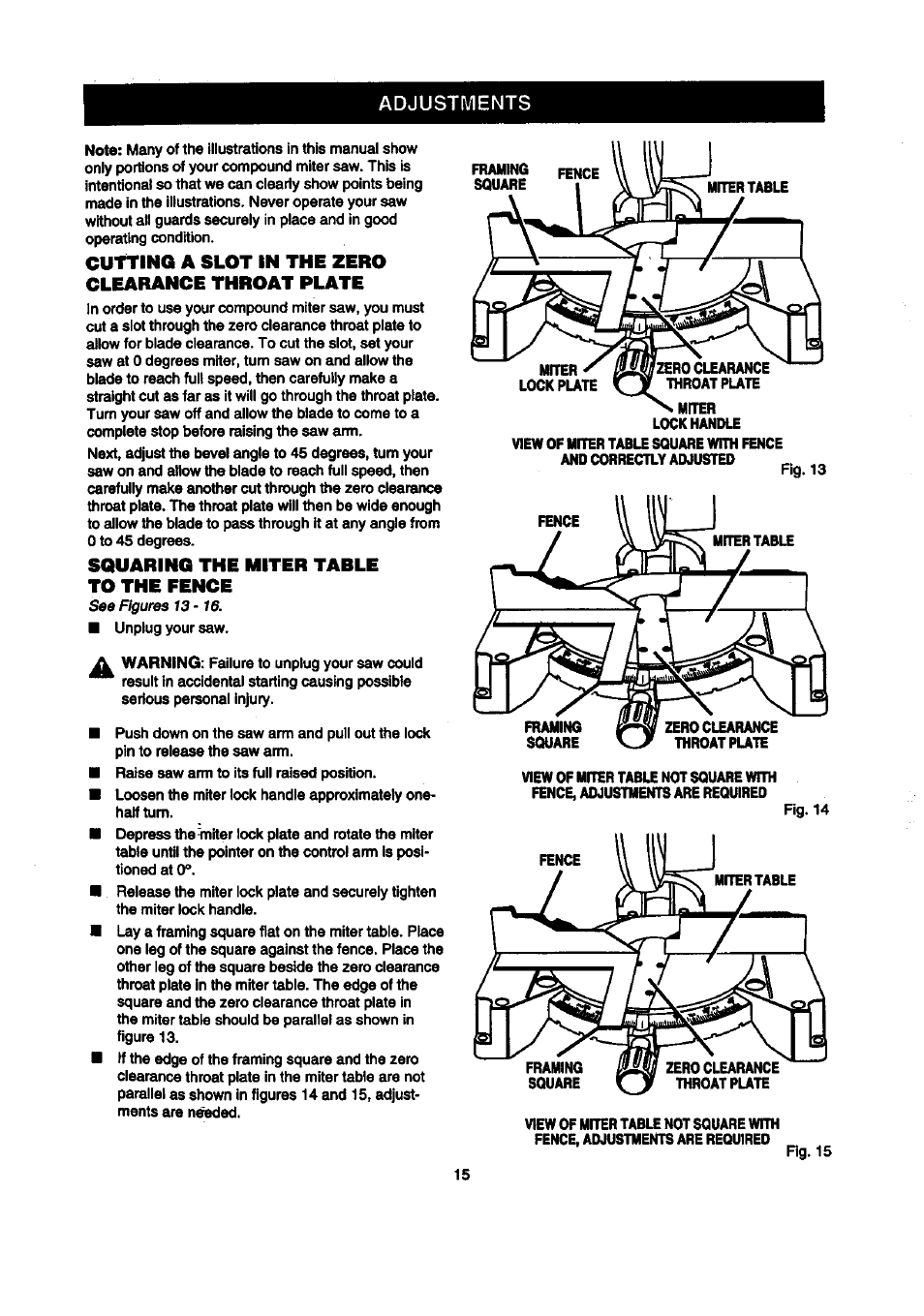 Adjustments, Cuttinq a slot in the zero clearance throat plate, Squaring the miter table to the fence | Craftsman 315.212100 User Manual | Page 15 / 38