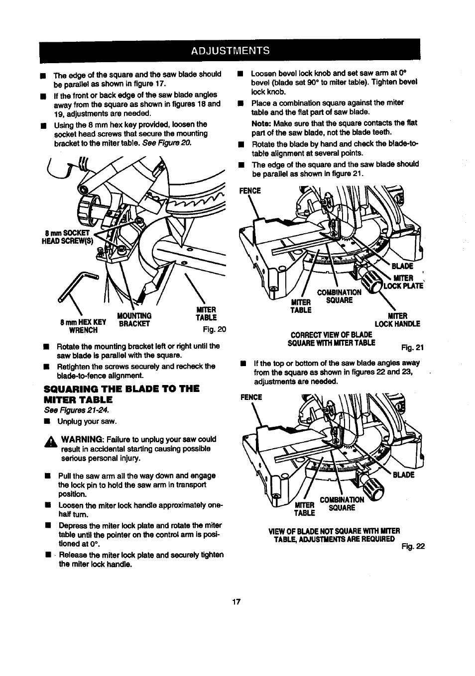 Adjustments, Squaring the blade to the miter table | Craftsman 315.212100 User Manual | Page 17 / 38