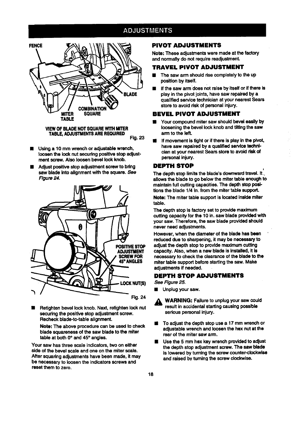 Adjustments, Pivot adjustments, Travel pivot adjustment | Bevel pivot adjustment, Depth stop, Depth stop adjustments | Craftsman 315.212100 User Manual | Page 18 / 38