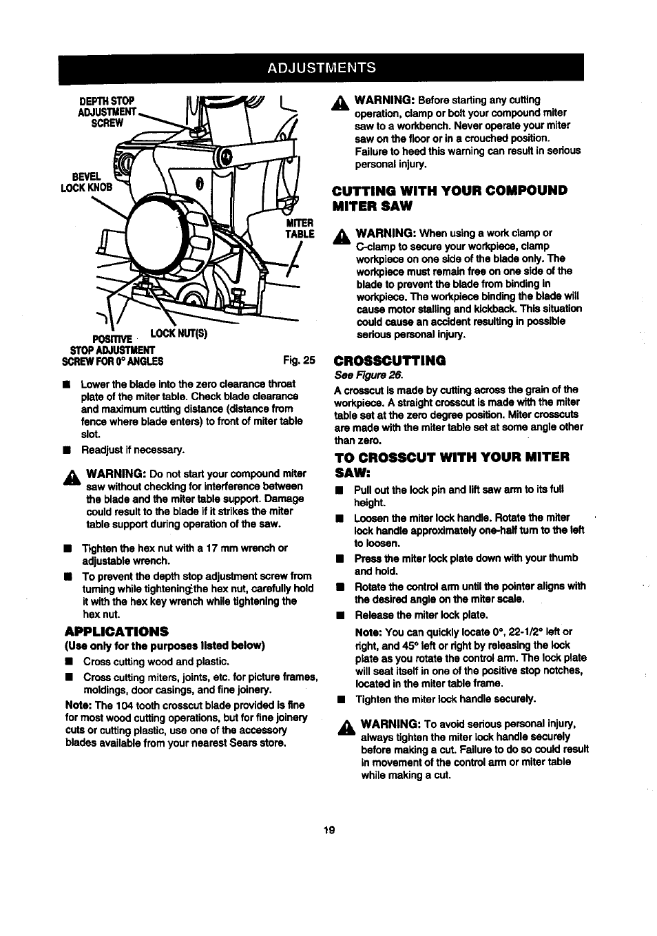 Adjustments, Applications, Cutting with your compound miter saw | Crosscutting | Craftsman 315.212100 User Manual | Page 19 / 38