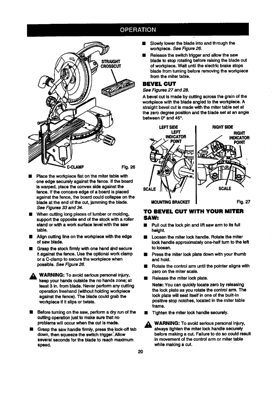 Operation, Bevel cut | Craftsman 315.212100 User Manual | Page 20 / 38