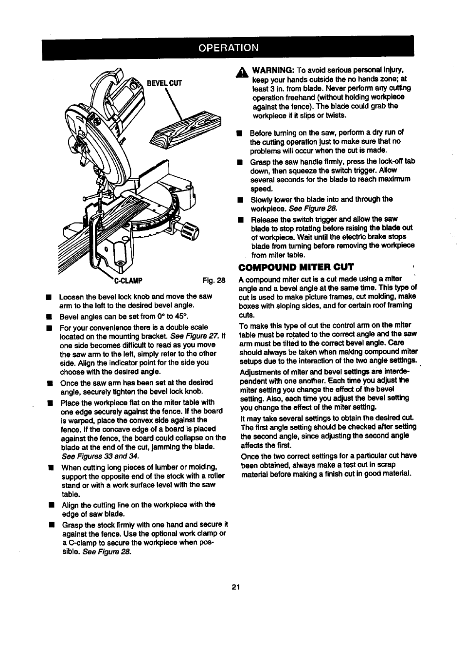 Operation, Compound miter cut | Craftsman 315.212100 User Manual | Page 21 / 38