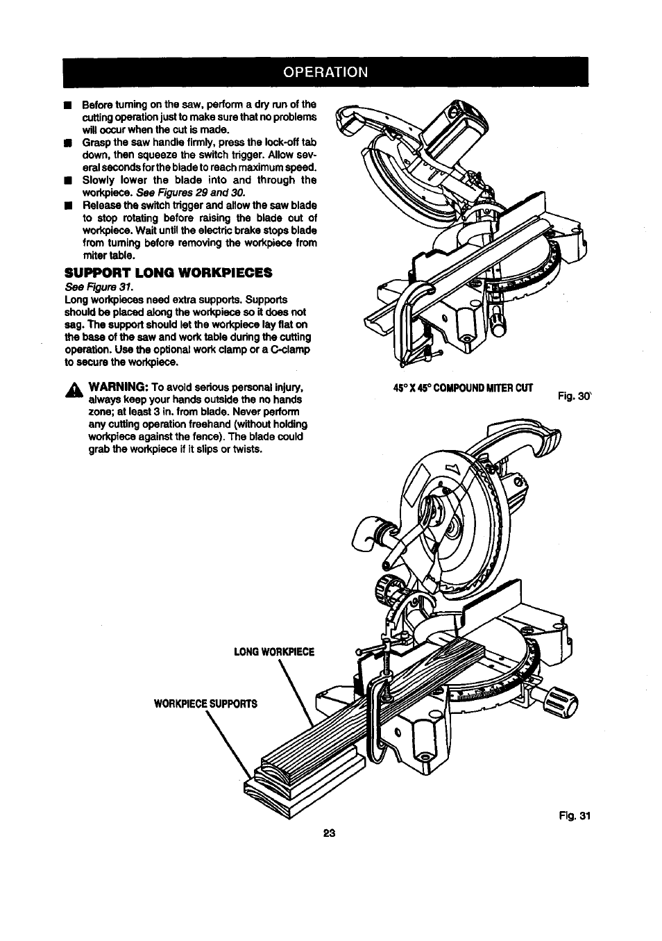 Operation, Support long workpieces | Craftsman 315.212100 User Manual | Page 23 / 38