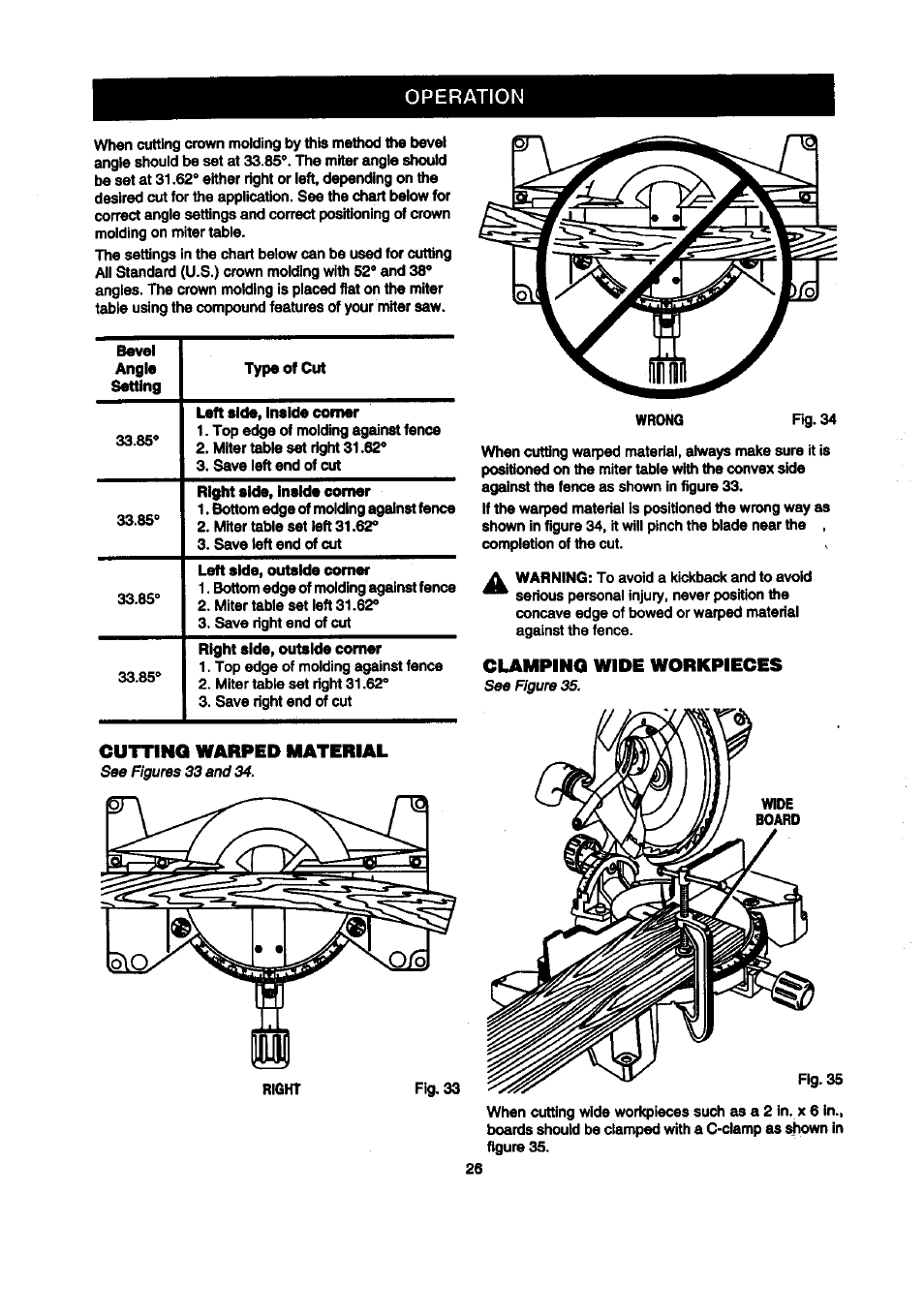 Operation, Cutting warped material, Clamping wide workpieces | Craftsman 315.212100 User Manual | Page 26 / 38