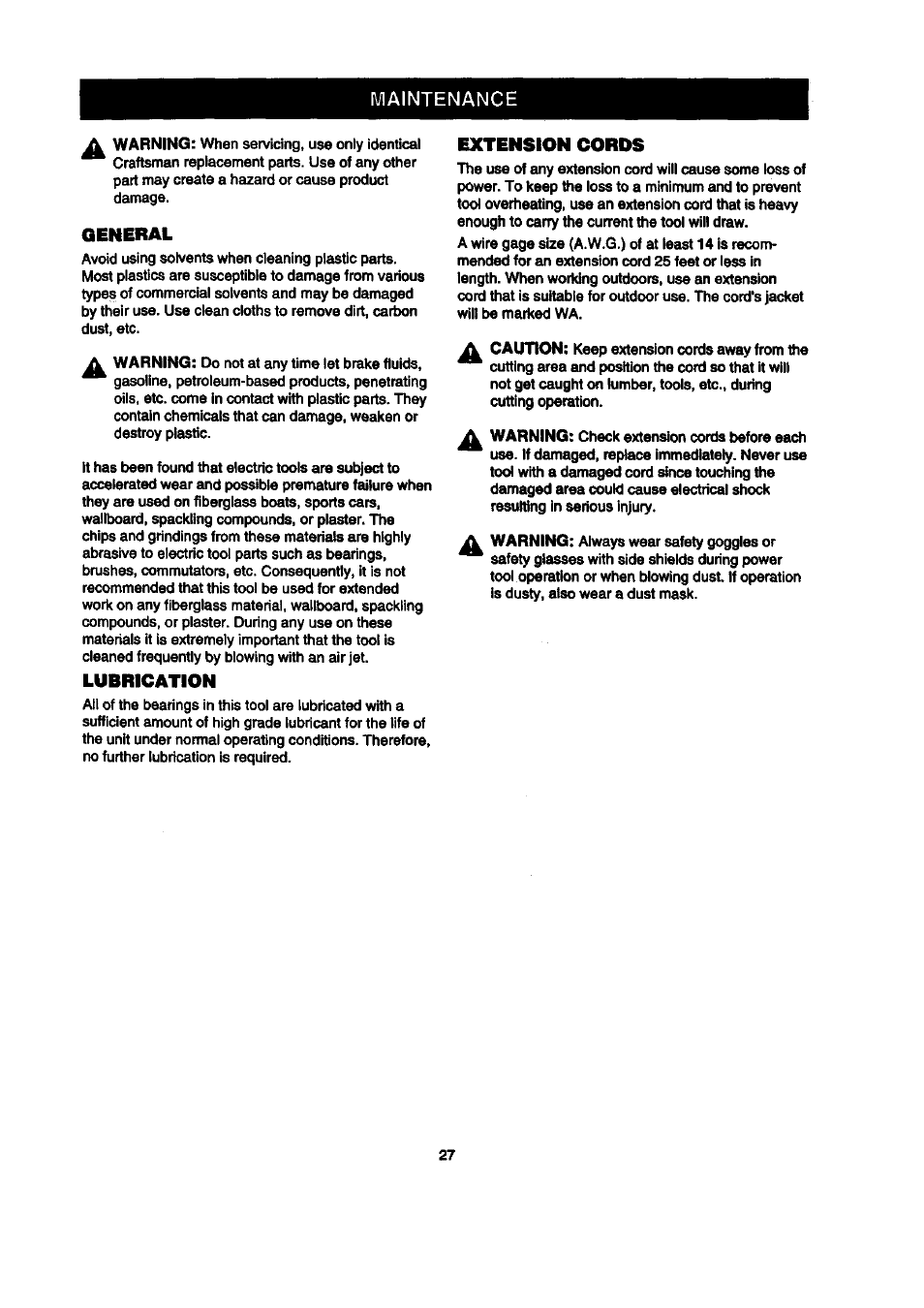 Maintenance, General, Lubrication | Extension cords | Craftsman 315.212100 User Manual | Page 27 / 38