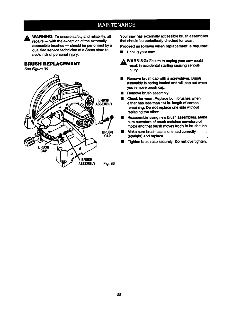 Maintenance, Brush replacement | Craftsman 315.212100 User Manual | Page 28 / 38