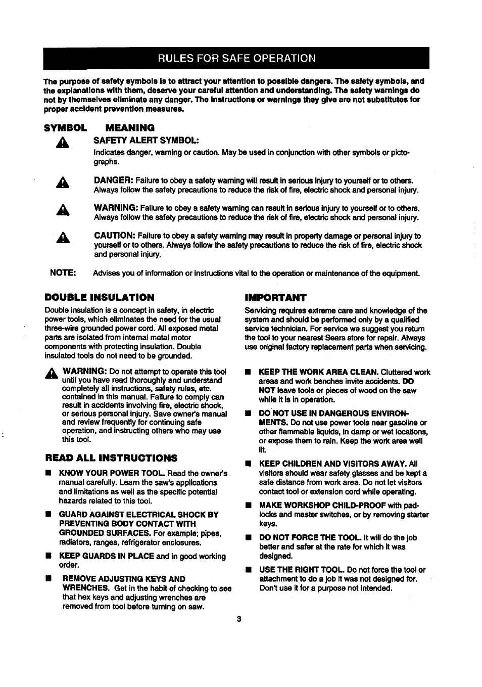 Symbol meaning, Double insulation, Read all instructions | Important | Craftsman 315.212100 User Manual | Page 3 / 38