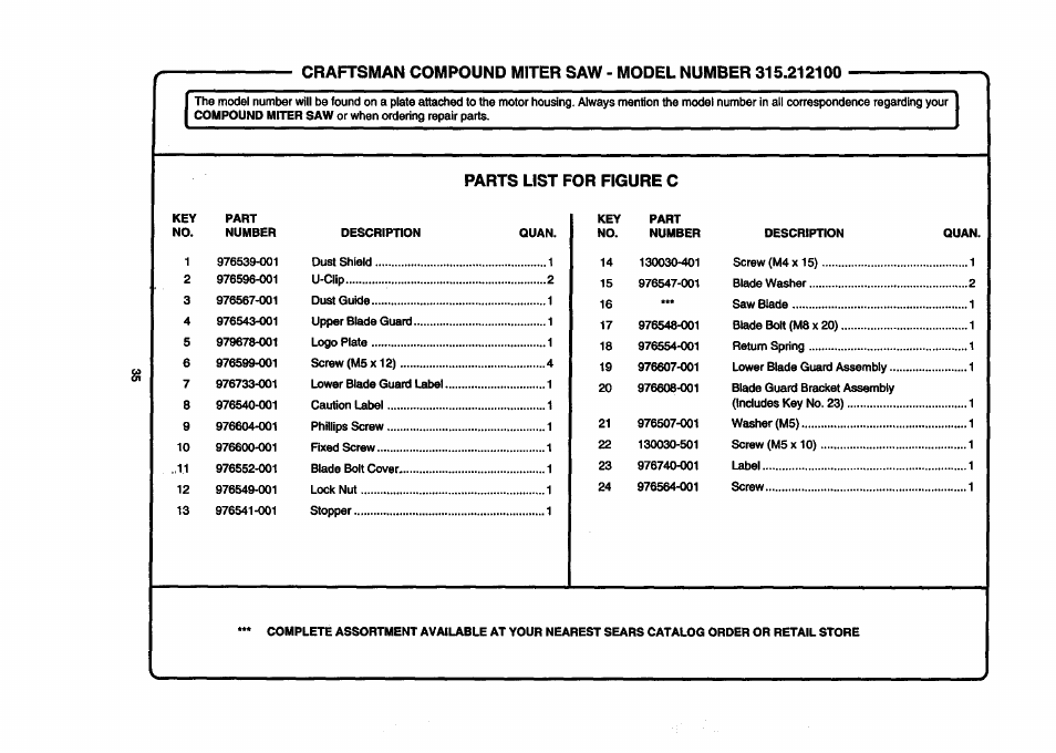 Parts list for figure c | Craftsman 315.212100 User Manual | Page 35 / 38