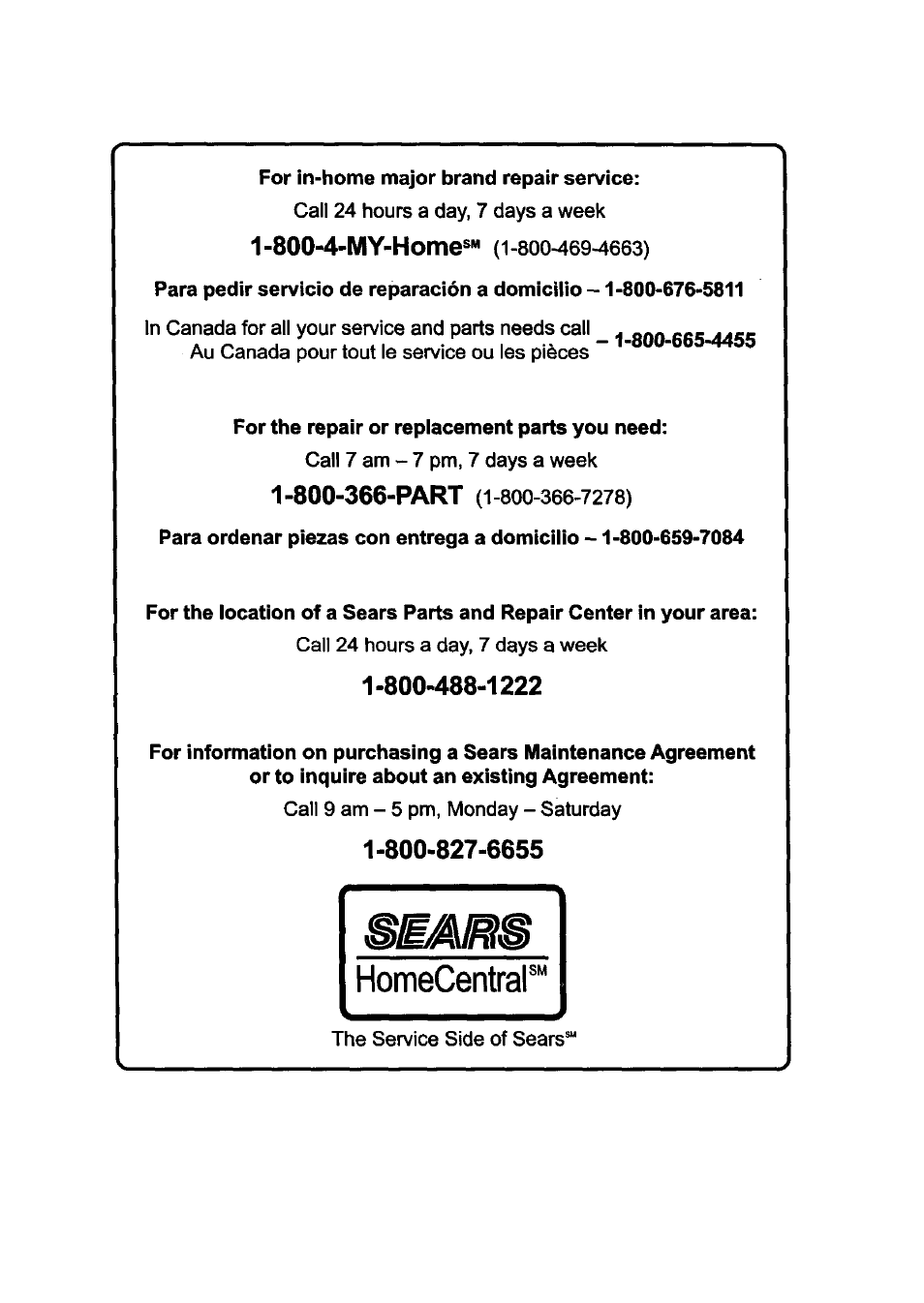 800-4-my-home®" (1-800-469-4663) | Craftsman 315.212100 User Manual | Page 38 / 38