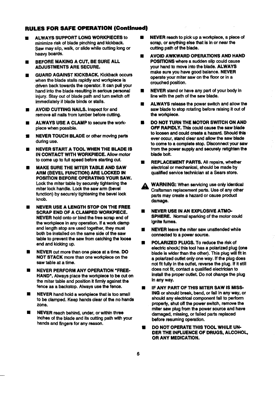Rules for safe operation (continued) | Craftsman 315.212100 User Manual | Page 5 / 38