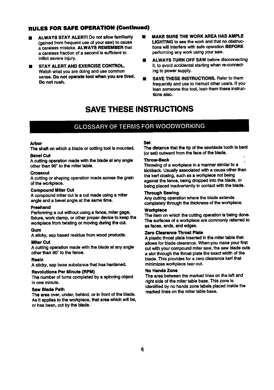 Save these instructions, Rules for safe operation (continued) | Craftsman 315.212100 User Manual | Page 6 / 38