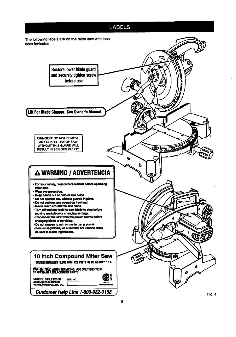 Uft for blade change. see owner's manual, A warning / advertencia, 10 inch compound miter saw | Craftsman 315.212100 User Manual | Page 8 / 38