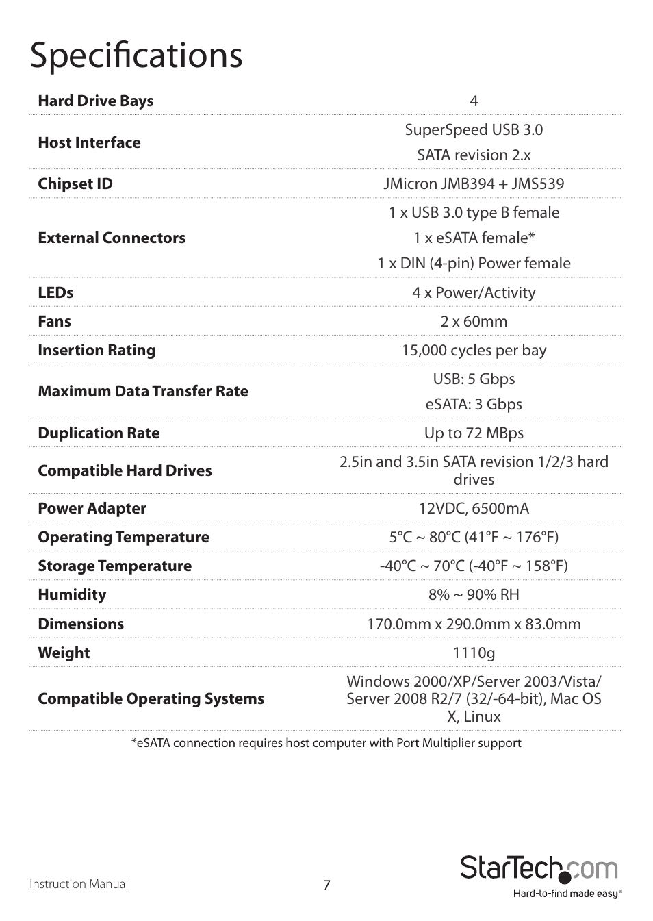 Specifications | StarTech.com SATDOCK4U3RE User Manual | Page 10 / 12