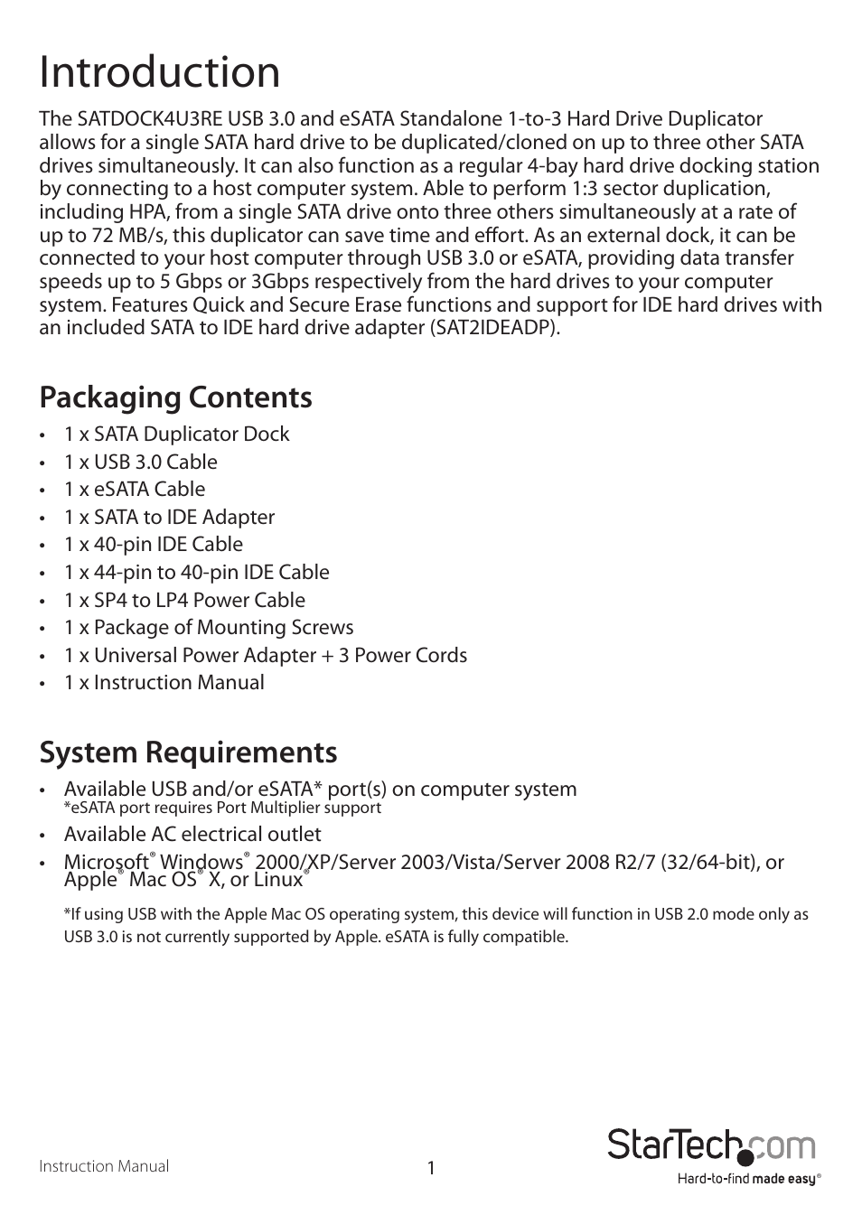 Introduction, Packaging contents, System requirements | StarTech.com SATDOCK4U3RE User Manual | Page 4 / 12