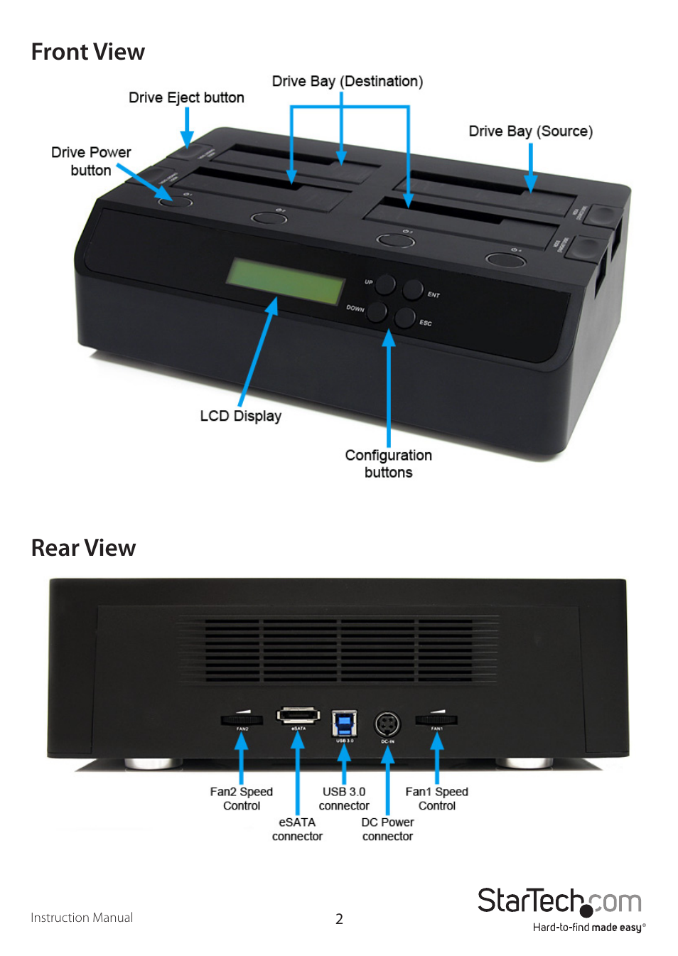 Front view rear view | StarTech.com SATDOCK4U3RE User Manual | Page 5 / 12