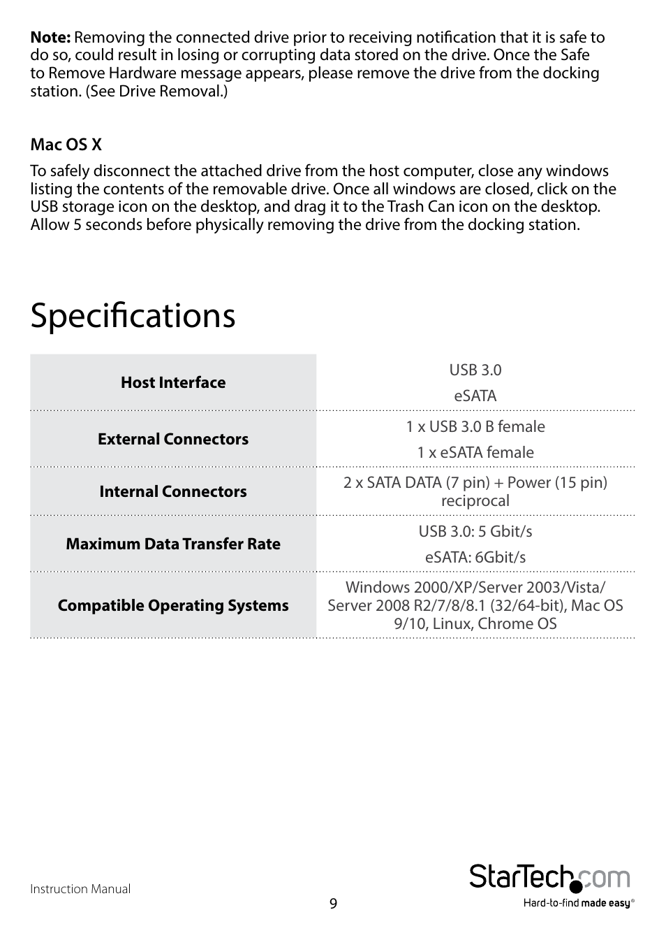 Specifications | StarTech.com SDOCK2U33RE User Manual | Page 12 / 14